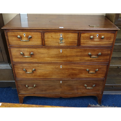 13 - A 19th century mahogany three over three chest of drawers with brass drawer pulls on splayed bracket... 