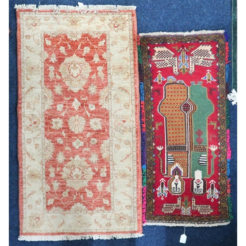 21 - A lot comprising a red ground Tribal style rug with figural designed ground within multicoloured fri... 