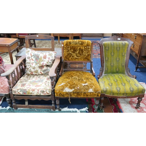 22 - A lot comprising a green upholstered Victorian nursing chair, 91cm high, another floral upholstered ... 