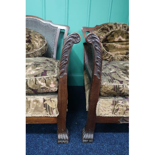 4 - A late Victorian mahogany framed three piece bergere suite with Damask upholstered cushions two seat... 