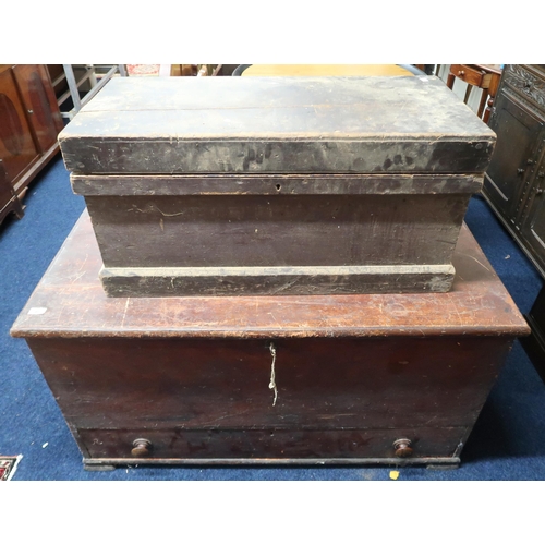 40 - A lot including a large pine blanket chest with single drawer on block feet, 66cm high x 123cm wide ... 