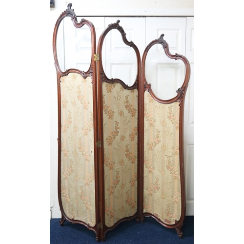 5 - A 20th century mahogany three fold room divider with each panel of graduating size with carved glaze... 