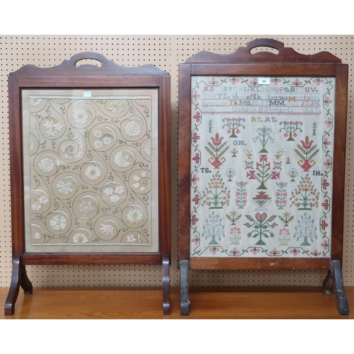 50 - A lot comprising a 20th century mahogany framed sampler fire screen, 88cm high x 55cm wide and anoth... 