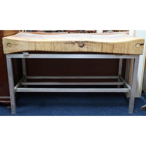 52 - A 20th century pine heavy butchers block on aluminium base, 83cm high x 137cm wide x 61cm deep