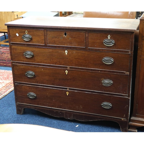 57 - A 19th century mahogany three over three chest of drawers with brass drawer pulls on bracket feet, 9... 