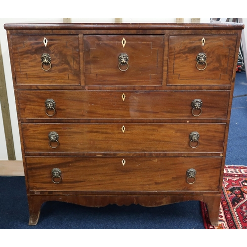 63 - A 19th century mahogany three over three chest of drawers with brass lion masque drawer pulls on spl... 