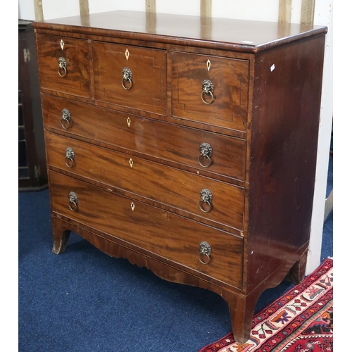 63 - A 19th century mahogany three over three chest of drawers with brass lion masque drawer pulls on spl... 