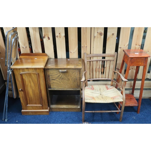 80 - A lot comprising a Victorian single door bedside cabinet, oak side cabinet, strung seated armchair, ... 