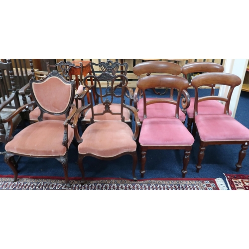 83 - A lot comprising four 19th century sabre legged dining chairs and four assorted Victorian pink velou... 