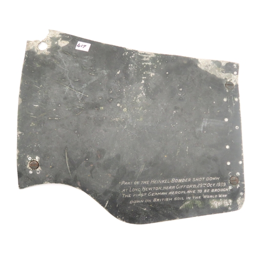 417 - Aircraft wreckage, comprising a piece of fuselage engraved 