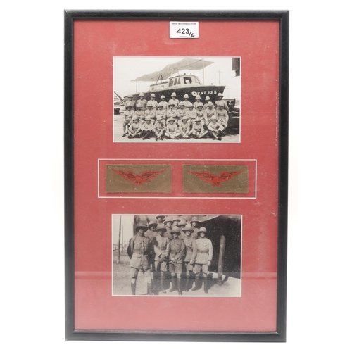 423 - A pair of RAF tropical shoulder eagles, mounted in a glazed frame alongside two group photographs of... 