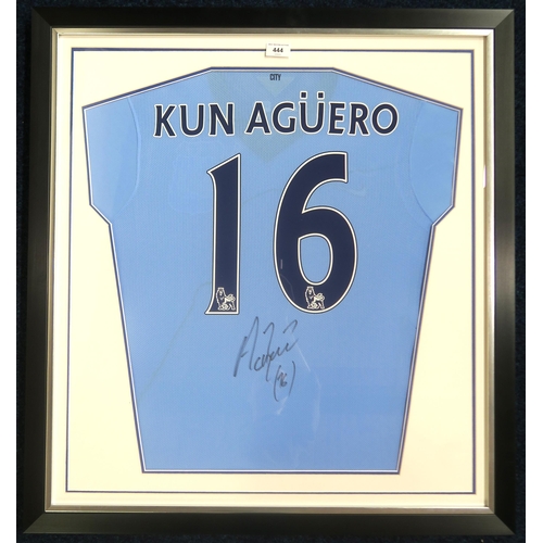 444 - Sergio Aguero: a match-worn Manchester City no. 16 shirt, housed in a glazed frame measuring approx.... 