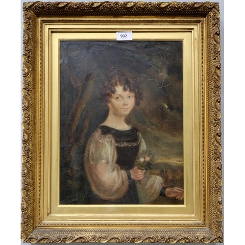 902 - 19th CENTURY SCHOOL PORTRAIT OF A LADY WITH A BOUQUET Oil on panel, 39 x 30cm  ... 