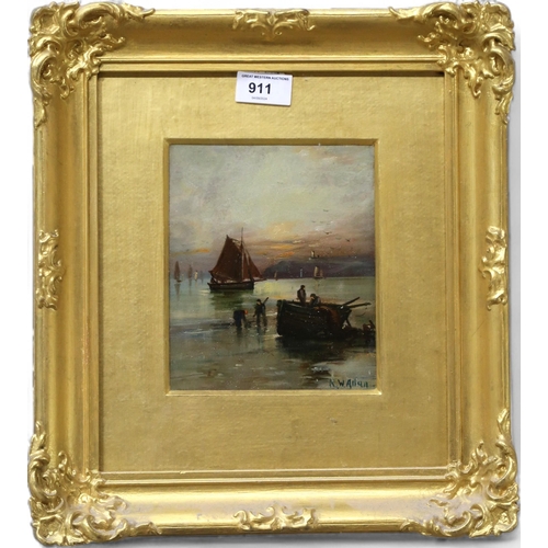 911 - 20th CENTURY SCHOOL  FISHERMANS Oil on board, signed lower right R.W. Allan, 17 x 14c... 