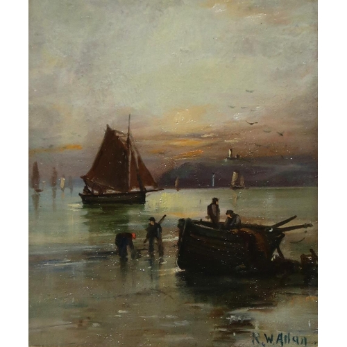 911 - 20th CENTURY SCHOOL  FISHERMANS Oil on board, signed lower right R.W. Allan, 17 x 14c... 