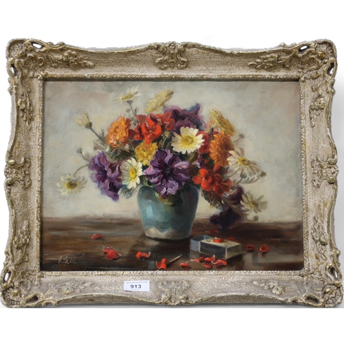 913 - 20th CENTURY SCHOOL  STILL LIFE WITH FLOWERS Oil on canvas, signed lower left 'I.S.H', 30 x 40cm... 