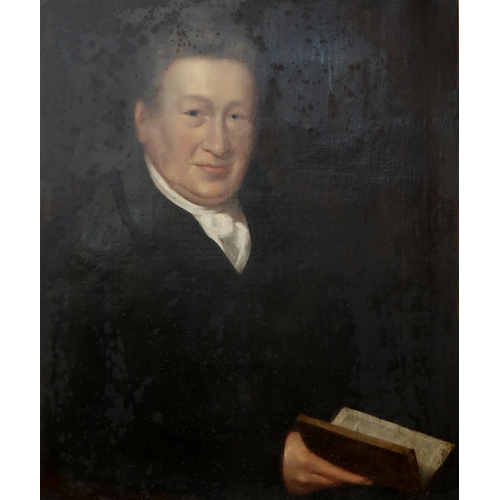 915 - 19th CENTURY SCHOOL PORTRAIT OF GENTLEMAN HOLDING A BOOK Oil on board, 77 x 64cm ... 