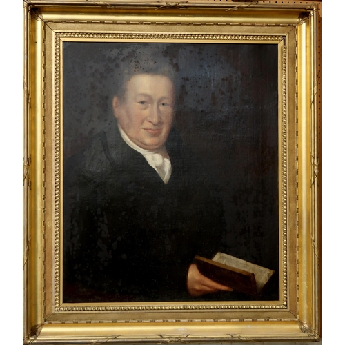 915 - 19th CENTURY SCHOOL PORTRAIT OF GENTLEMAN HOLDING A BOOK Oil on board, 77 x 64cm ... 