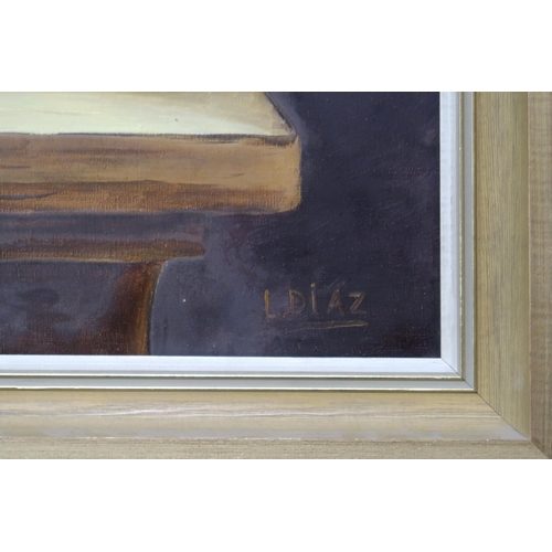 917 - 20th CENTURY SCHOOL STILL LIFE WITH PEONIES Oil on canvas, signed lower right 'L. Diaz', 7... 