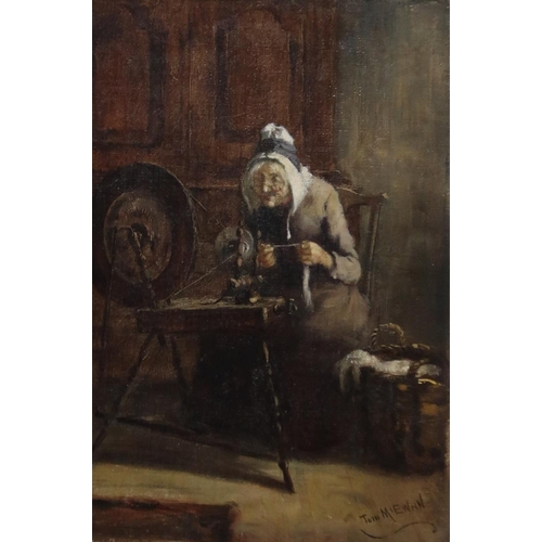 921 - TOM MCEWAN (SCOTTISH 1846-1914) WOMAN AT THE SPINNING WHEEL Oil on board, signed lower rig... 