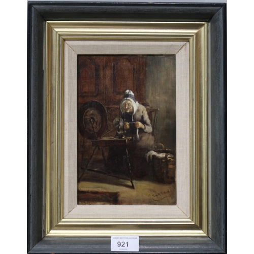 921 - TOM MCEWAN (SCOTTISH 1846-1914) WOMAN AT THE SPINNING WHEEL Oil on board, signed lower rig... 