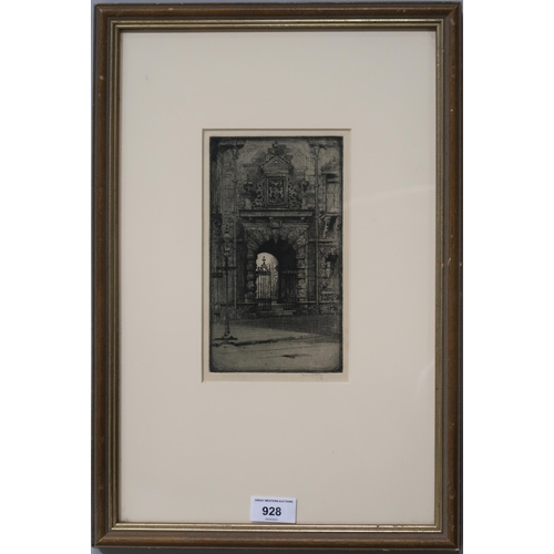 928 - IAN STRANG (ENGLISH 1886-1952) OLD COLLEGE GATEWAY Etching, signed lower right, 21.5 x 12.... 