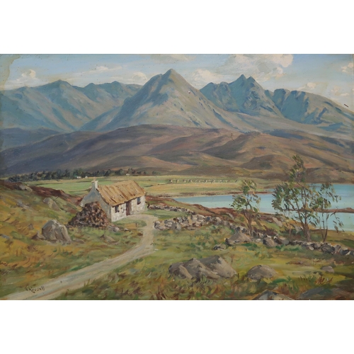 938 - WILLLIAM RUSSELL (20th CENTURY) WHITE COTTAGE IN THE HIGHLANDS Oil on board, signed lower ... 