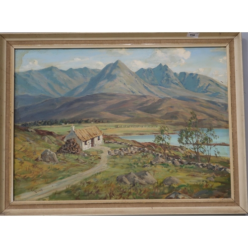 938 - WILLLIAM RUSSELL (20th CENTURY) WHITE COTTAGE IN THE HIGHLANDS Oil on board, signed lower ... 