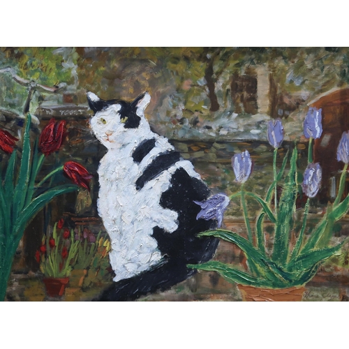 948 - THORA CLYNE (SCOTTISH 1937-2020) CAT AND TULIPS Oil on board, signed lower right, 45 x 60c... 