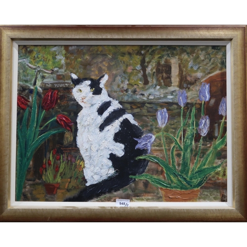 948 - THORA CLYNE (SCOTTISH 1937-2020) CAT AND TULIPS Oil on board, signed lower right, 45 x 60c... 