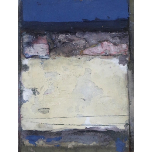 956 - TOM HUTCHESON RGI (SCOTTISH 1922-1999) BLUE AND CORRODED WHITE Oil, gesso and collage on b... 