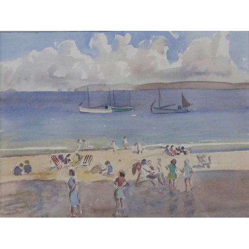 960 - MARJORIE SHERLOCK (ENGLISH 1897-1973) CORNISH BEACH Watercolour, signed lower right, 30 x 40cm Title... 