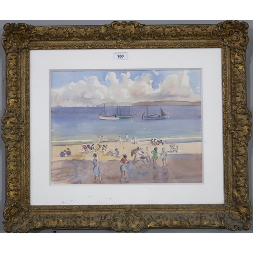 960 - MARJORIE SHERLOCK (ENGLISH 1897-1973) CORNISH BEACH Watercolour, signed lower right, 30 x 40cm Title... 