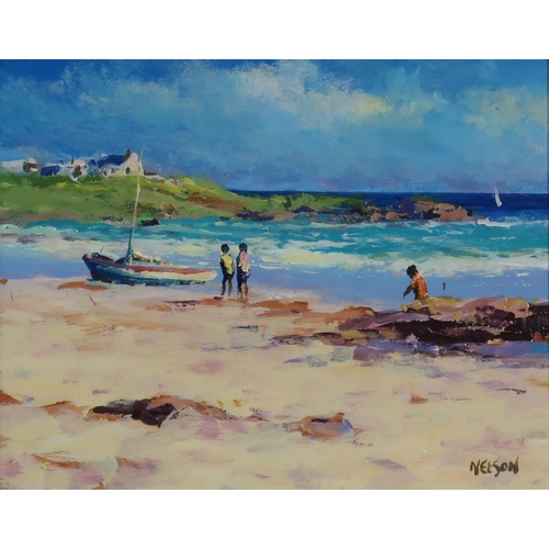 982 - ALLAN NELSON (SCOTTISH b.1944) OUR BEACH Oil on panel, signed lower right, 22.5 x 28cm Together with... 