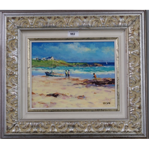 982 - ALLAN NELSON (SCOTTISH b.1944) OUR BEACH Oil on panel, signed lower right, 22.5 x 28cm Together with... 