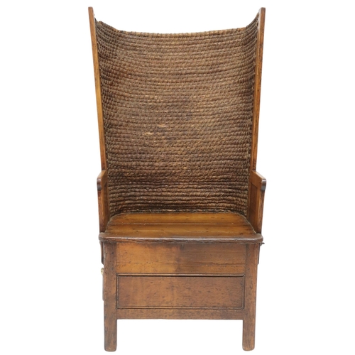 2005A - A LATE 19th CENTURY STAINED PINE FRAMED ORKNEY CHAIRWith curved rushed seat over flat seat flanked b... 