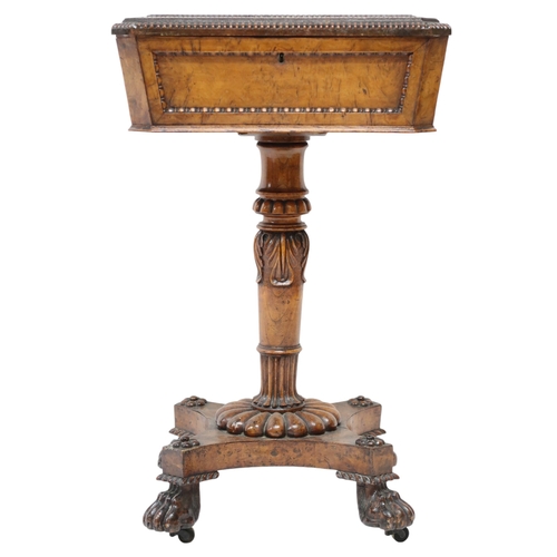 2016A - A 19TH CENTURY BURR WALNUT VENEERED TEAPOYHinged lid concealing fitted interior on turned column sup... 