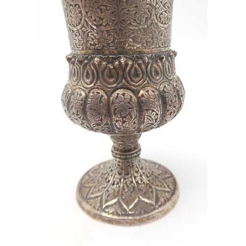 2505 - A PERSIAN WHITE METAL CHALICE AND STANDof slightly flaring form, the body partly fluted, engraved wi... 