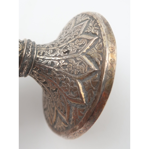 2505 - A PERSIAN WHITE METAL CHALICE AND STANDof slightly flaring form, the body partly fluted, engraved wi... 