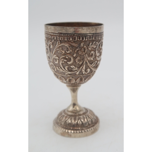 2505 - A PERSIAN WHITE METAL CHALICE AND STANDof slightly flaring form, the body partly fluted, engraved wi... 