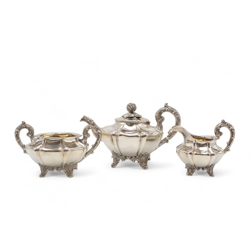 2509 - A WILLIAM IV THREE PIECE SILVER TEA SERVICEby Joseph & Albert Savory, London 1835, of melon form... 