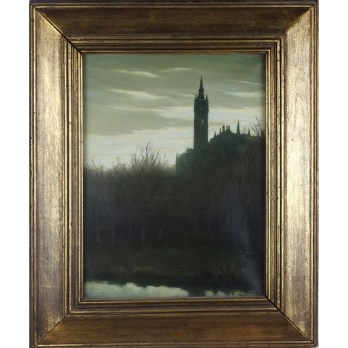 919 - WILLIAM DUNN (SCOTTISH 1862-1948) GLASGOW UNIVERSITY LOOKING WEST Oil on canvas, signed lower right,... 