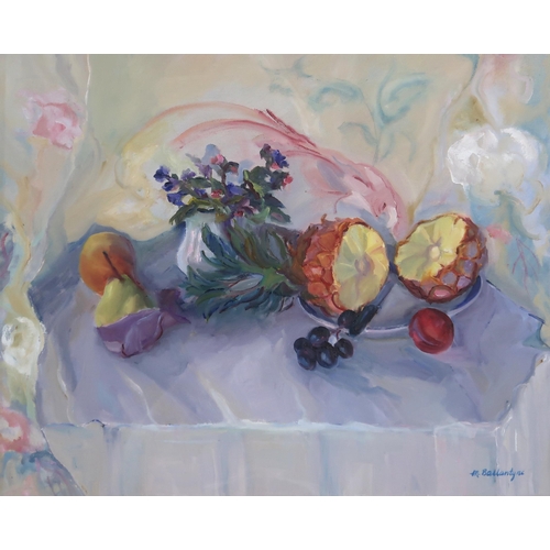 942 - MARGARET BALLANTYNE (SCOTTISH b.1936) SUMMER FRUIT Oil on canvas, signed lower right, 49 x... 