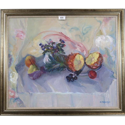 942 - MARGARET BALLANTYNE (SCOTTISH b.1936) SUMMER FRUIT Oil on canvas, signed lower right, 49 x... 