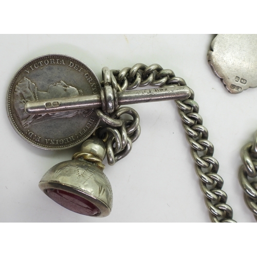 9000 - A silver 44cm curb chain with 'T' Bar and twp lobster claw clasps, and two hallmarked medallions, a ... 