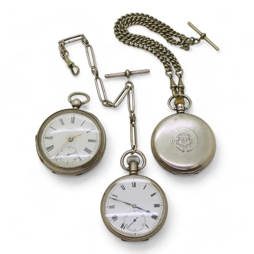 9007 - Three silver pocket watches. A Waltham open face pocket watch, movement 10666066, case with UK hallm... 