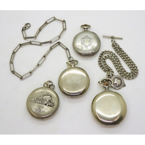 9008 - Three Omega pocket watches and a Moeris Turkish Railway pocket watch. Omegas;- A continental silver ... 