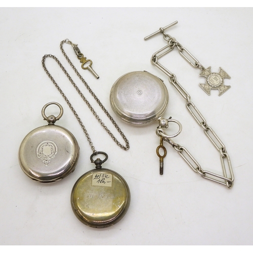 9009 - Three silver cased pocket watches. A John Forrest full hunter with a 30cm silver decorative fob chai... 