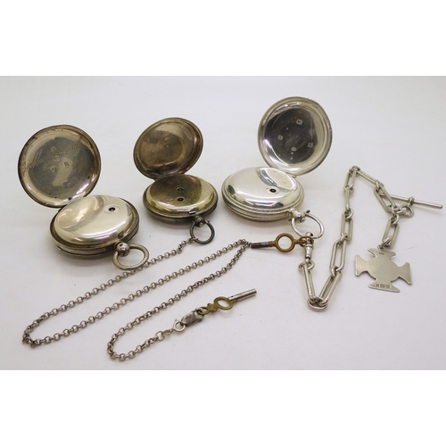 9009 - Three silver cased pocket watches. A John Forrest full hunter with a 30cm silver decorative fob chai... 