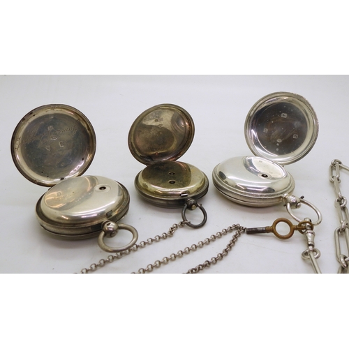 9009 - Three silver cased pocket watches. A John Forrest full hunter with a 30cm silver decorative fob chai... 